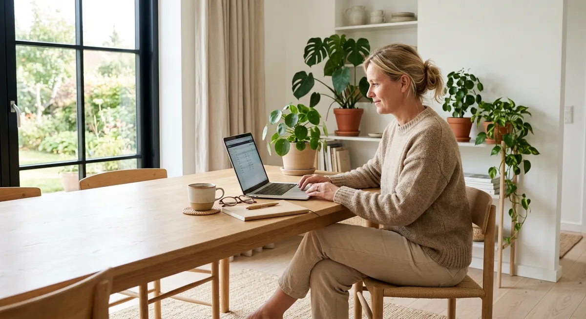 En person der sammenligner internetpriser på sin bærbar computer i en lys skandinavisk stue